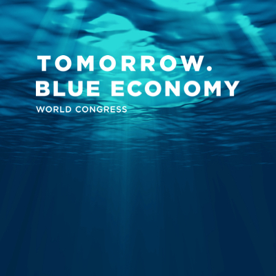 An underwater shot looking towards the surface, with the Tomorrow.Blue Economy logo in the foreground