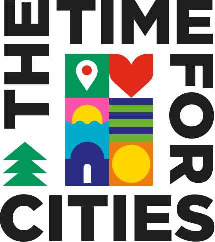 A graphic with text reading "THE TIME FOR CITIES".